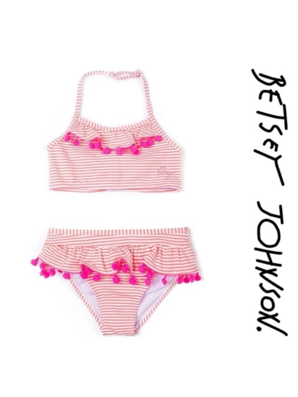 Betsey Johnson | Pink And Cream Seersucker Pompom Trimmed Bikini Set | Size 12
